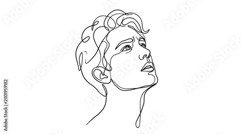 Continuous line drawing of a young man looking up with a distressed expression, art portrait