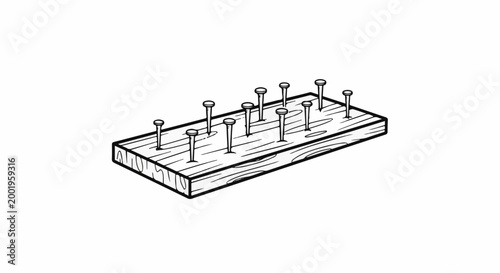 Wooden board with multiple upright nails