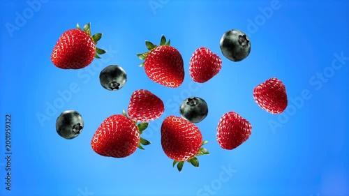 A mix of vibrant summer berries including strawberries and blueberries suspended or falling against a solid blue background. This 3D render is suitable for healthy food commercials, smoothies, or dair