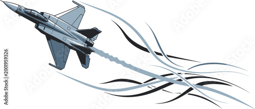 Fighter jet performs a high speed aerial climb leaving behind artistic vapor trails in the atmosphere.