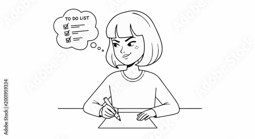Young girl concentrates writing on paper with to-do list in thought bubble