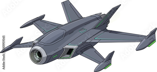 Military aircraft features a futuristic design with multiple wings and a prominent forward jet engine.