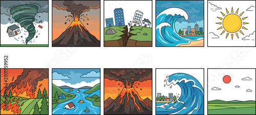 Natural Disaster and Environmental Impact Icons Collection Featuring Earthquakes, Volcanic Eruptions, Floods, and Weather Events for Websites, Apps, and Digital Media Designs