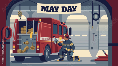 Firefighter Cleaning Truck in Station for May Day Illustration