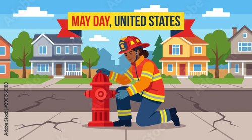 Female Firefighter Kneeling by Fire Hydrant for May Day USA