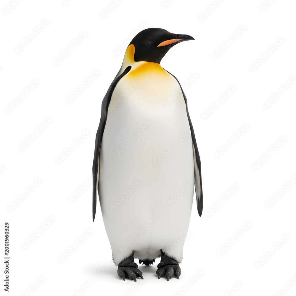 Obraz premium A king penguin stands upright on ice in Antarctica looking right.