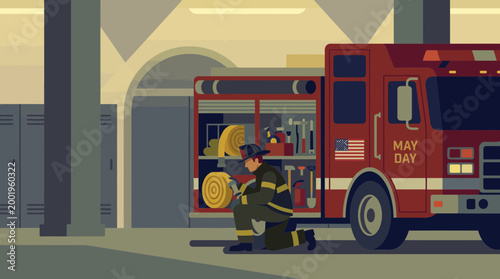 Firefighter inspecting equipment at a fire station vector