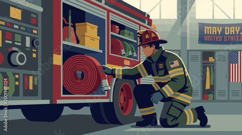 Firefighter Checking Equipment in Fire Station Illustration