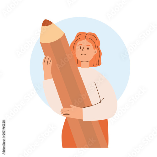 Web Creative young woman holding oversized pencil, flat vector illustration symbolizing education, creativity, learning, and artistic inspiration concept.
