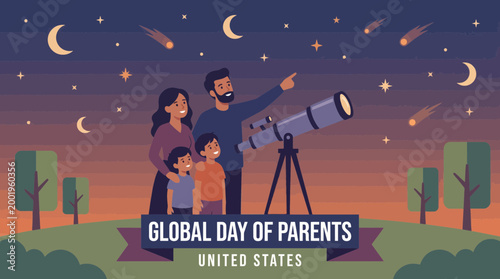 Family stargazing with telescope for Global Day of Parents vector