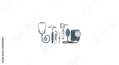 Medical equipment including stethoscope, syringe, thermometer, and blood pressure monitor.
