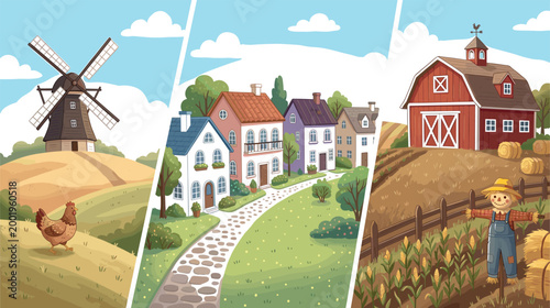 Farm Life and Countryside Collection Featuring Windmill, Houses, Barn, and Scarecrow for Websites, Apps, and Digital Media Designs
