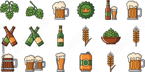 Beer and brewing icon set with hops, bottles, mugs, barrels, and wheat, detailed alcohol beverage collection for pub menu, brewery branding, and festival design