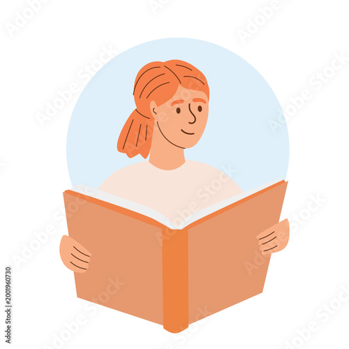 Flat vector illustration of a woman reading a book, symbolizing education, learning, and leisure activity.