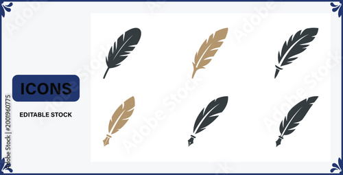 Collection of six quill feather icons in black and brown on white background with blue border