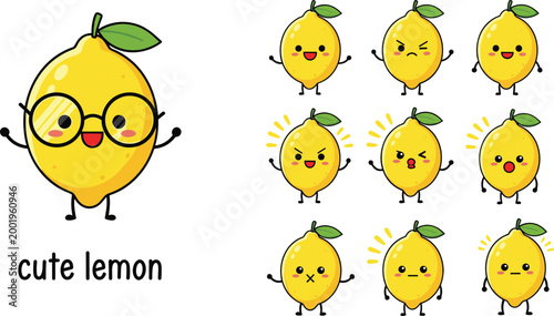 Cute cartoon lemon character set with different facial expressions, funny yellow fruit mascot collection for stickers, emojis, kids design, and playful illustrations