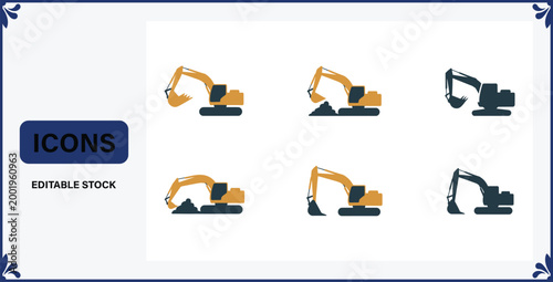 Collection of various excavator machine icons in different positions and colors  industrial and construction equipment