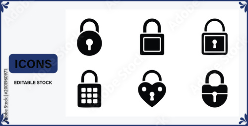 Collection of various padlock and lock icons in black on white background for security and privacy concepts  editable stock