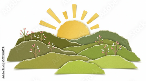 Paper craft mountain landscape with spring trees and sunrise