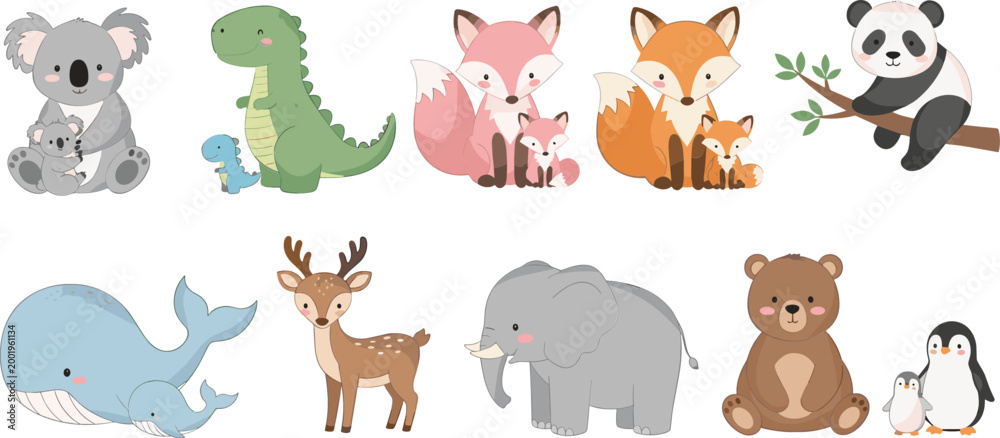 Fototapeta premium Cute cartoon animals collection including koala, dinosaur, fox, panda, whale, deer, elephant, bear, and penguin, adorable wildlife character set for kids design