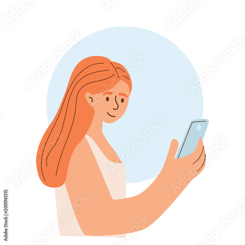 Simple flat vector of a woman looking at her smartphone, representing communication and social media use.