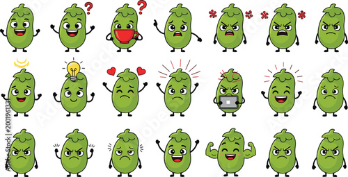 Cute cartoon avocado characters with different emotions and expressions, funny green fruit mascot set for stickers, social media, kids design, and playful illustrations
