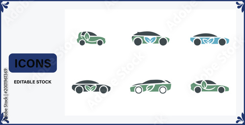 Six ecofriendly car icons with leaf designs on white background in blue frame  editable stock