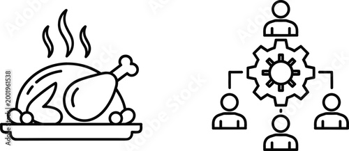 Line icon set of roasted chicken meal and team organization structure, simple outline illustrations for food concepts, business management, workflow, and minimal design projects