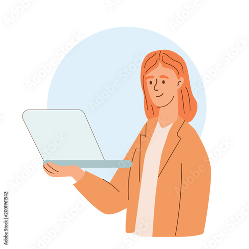 Flat vector illustration of a young woman holding a laptop, representing remote work, online learning, or digital communication.