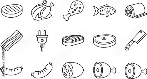 Line icon set of various meat and food items including steak, chicken, fish, sausage, bacon, and kitchen tools, simple outline vector for menu and cooking design