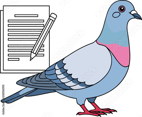Cartoon pigeon bird with document and pencil icon, urban wildlife and writing concept illustration for education, communication, messaging, and creative design projects