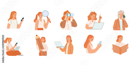 Collection of flat vector female characters in various poses and actions, useful for design and storytelling.