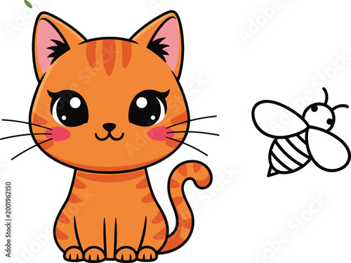 Cute cartoon orange kitten with big eyes and small flying bee, adorable animal illustration for kids design, nursery decor, stickers, and playful mascot use
