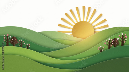 Paper craft landscape with hills and sun