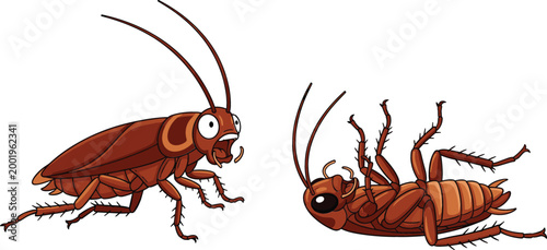 Cartoon cockroach insect set with alive and dead positions, detailed pest illustration for hygiene concepts, extermination themes, education materials, and vector design use