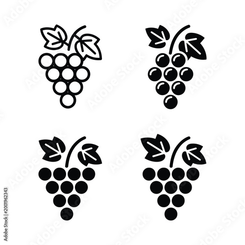 Grape bunch icon set black and white linear illustration