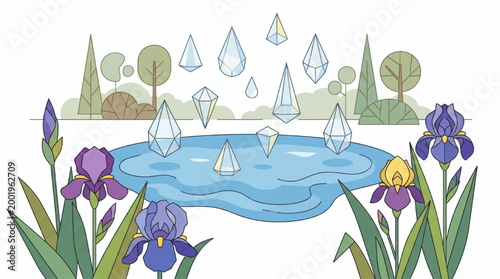 Flat vector illustration of a pond with crystalline water droplets and iris flowers