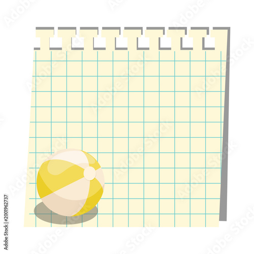 Inflatable beach ball on a grid torn sheet of paper from a notebook. Minimalist summer banner template. Vector illustration for diaries, planners, checklists, notepads, cards, and social media.