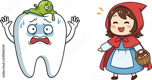Cute cartoon tooth character with cavity and germs alongside Little Red Riding Hood girl, dental care and fairy tale illustration set for kids education and storytelling