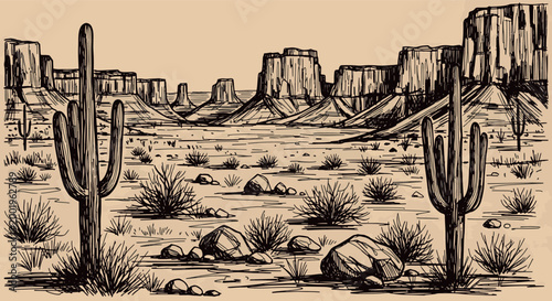 Hand drawn desert landscape with saguaro cacti and rocky mesas under a vast horizon in a vintage etched style vector illustration