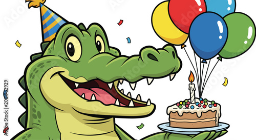Cheerful cartoon crocodile character wearing a party hat and holding a birthday cake with a candle and colorful balloons.
