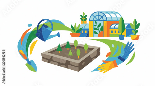Stylized flat graphic of gardening activities with watering can and greenhouse