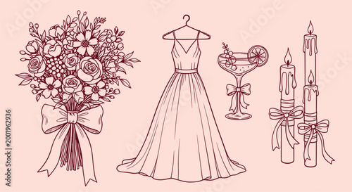 Hand drawn wedding celebration icons featuring bridal gown bouquet cocktail glass and candles for romantic event planning and invitation design vector illustration
