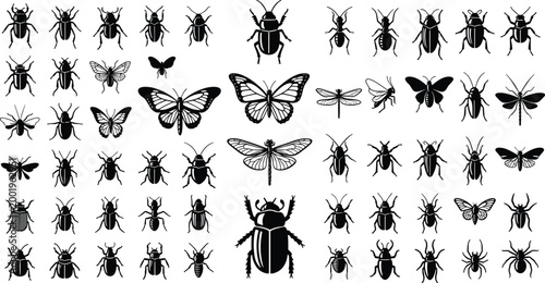 Insect silhouettes collection with beetles butterflies dragonflies and bugs isolated vector set for nature and entomology design