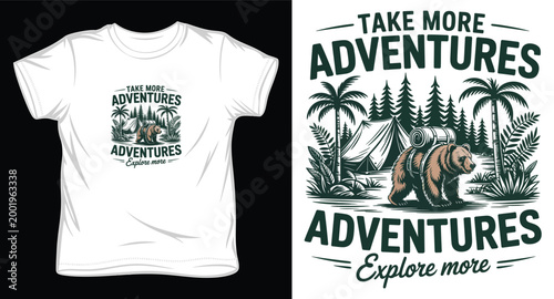 Camping bear with backpack t-shirt design featuring tropical palm trees and evergreen forest for travel lovers.