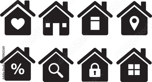Home icons black flat homes shapes houses silhouettes symbols of homepage web buttons simple style buildings vector signs housing illustration real estate silhouette various