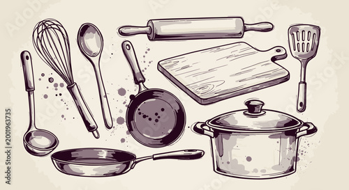 Hand drawn vintage kitchen utensils and cooking equipment collection set featuring pots pans whisk and wooden tools vector illustration