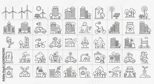 Collection of simple line art icons representing buildings and urban elements.
