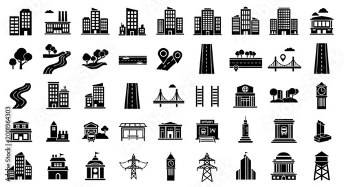 Collection of City Building Icons and Landmarks.