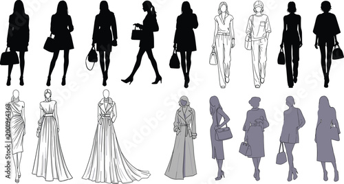 Women fashion silhouettes and sketch models set with elegant outfits handbags and walking poses vector illustration collection